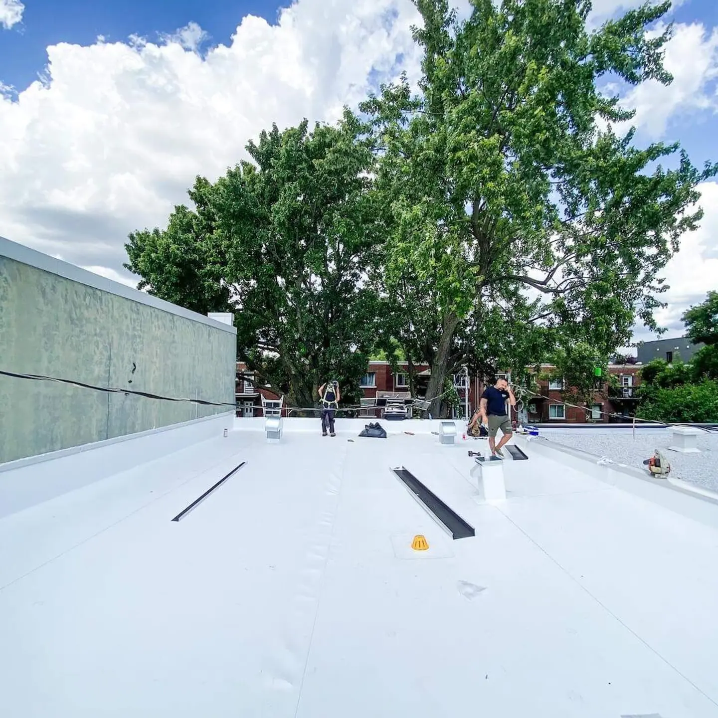 Men working on a flat roof